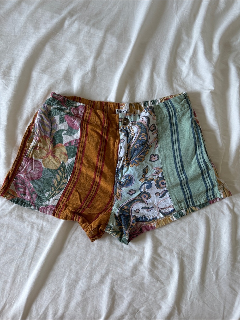Roxy Patchwork Striped & Floral Shorts - Mustard, Sage, Pink